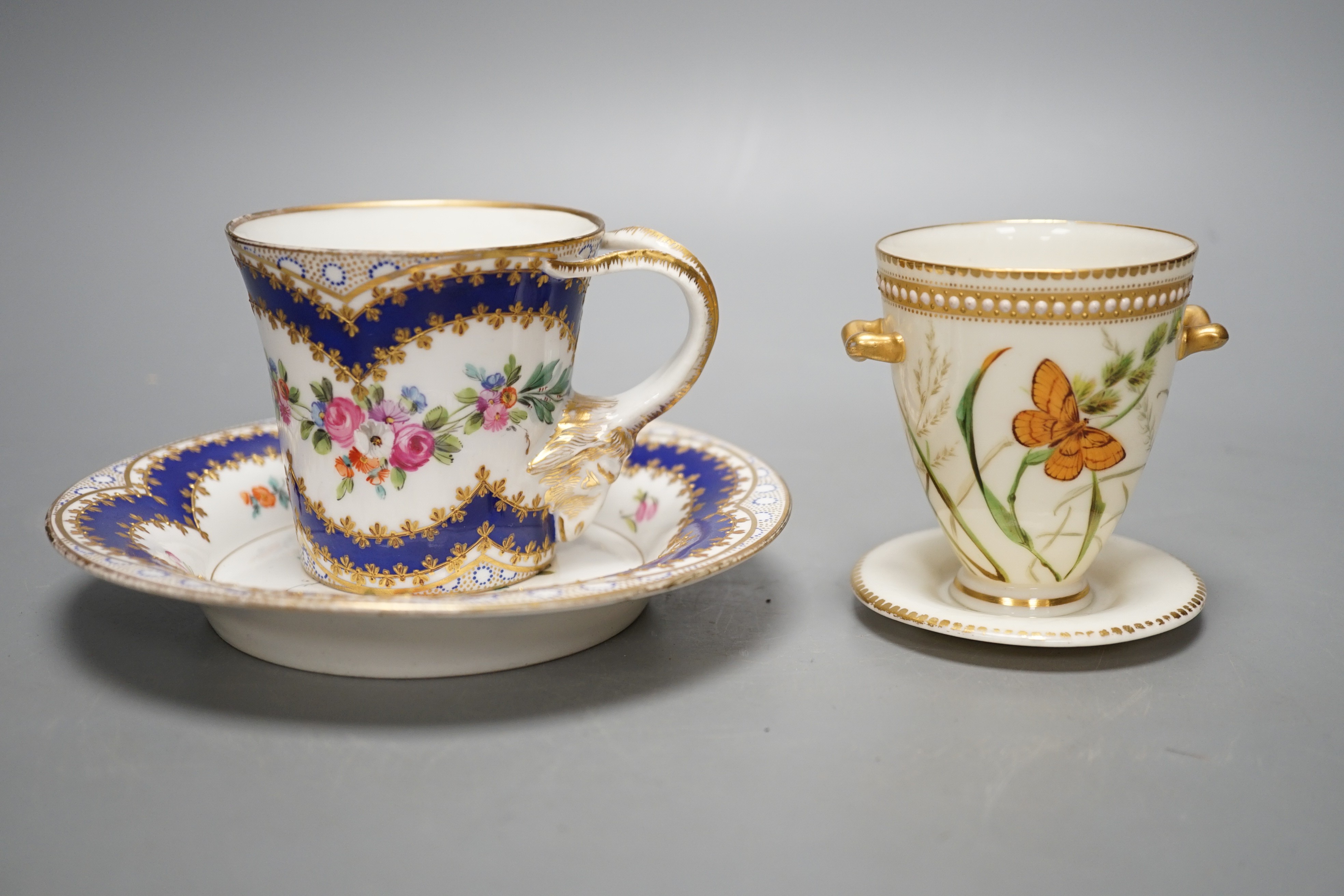 A late 19th century Royal Worcester cup and a Sevres style cup and saucer, diameter 16cm